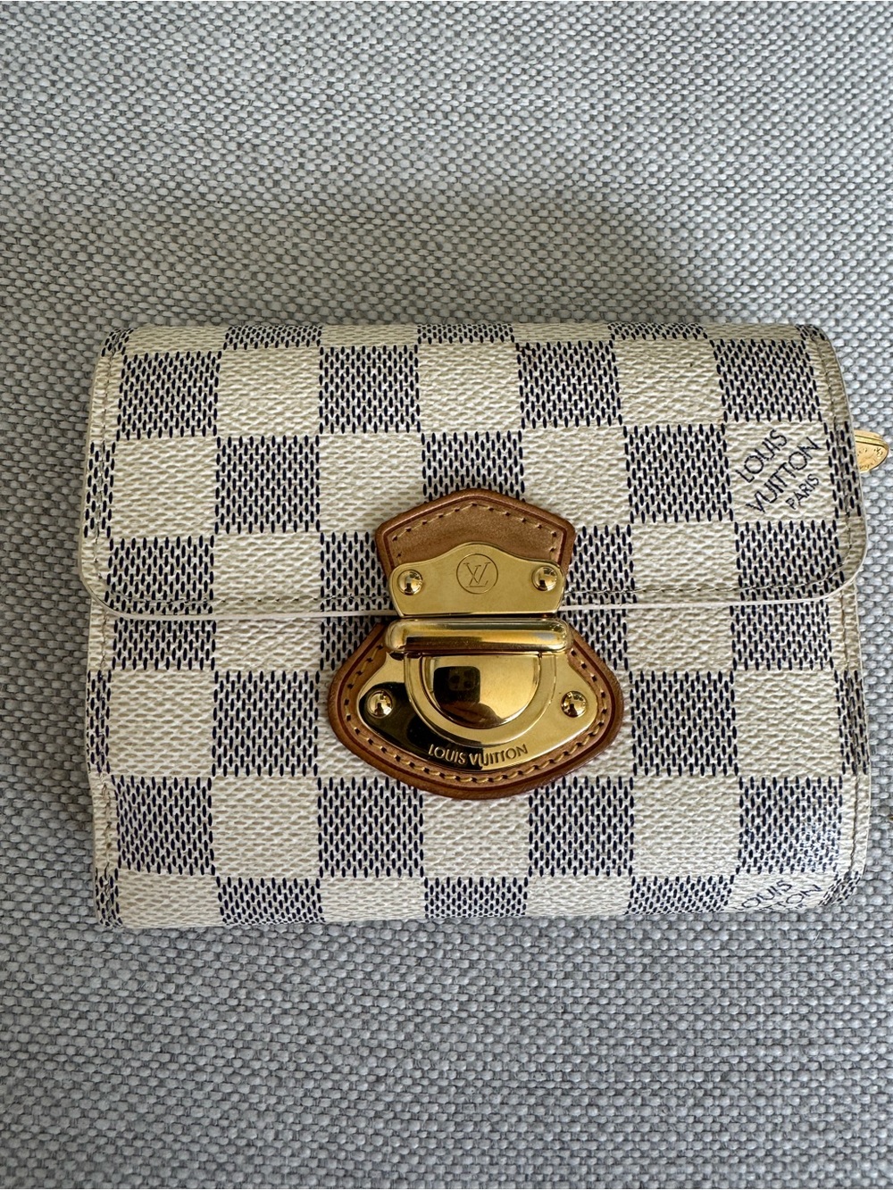 Louis Vuitton PF Joey Damier Azur Compact Wallet with Gold Hardware.